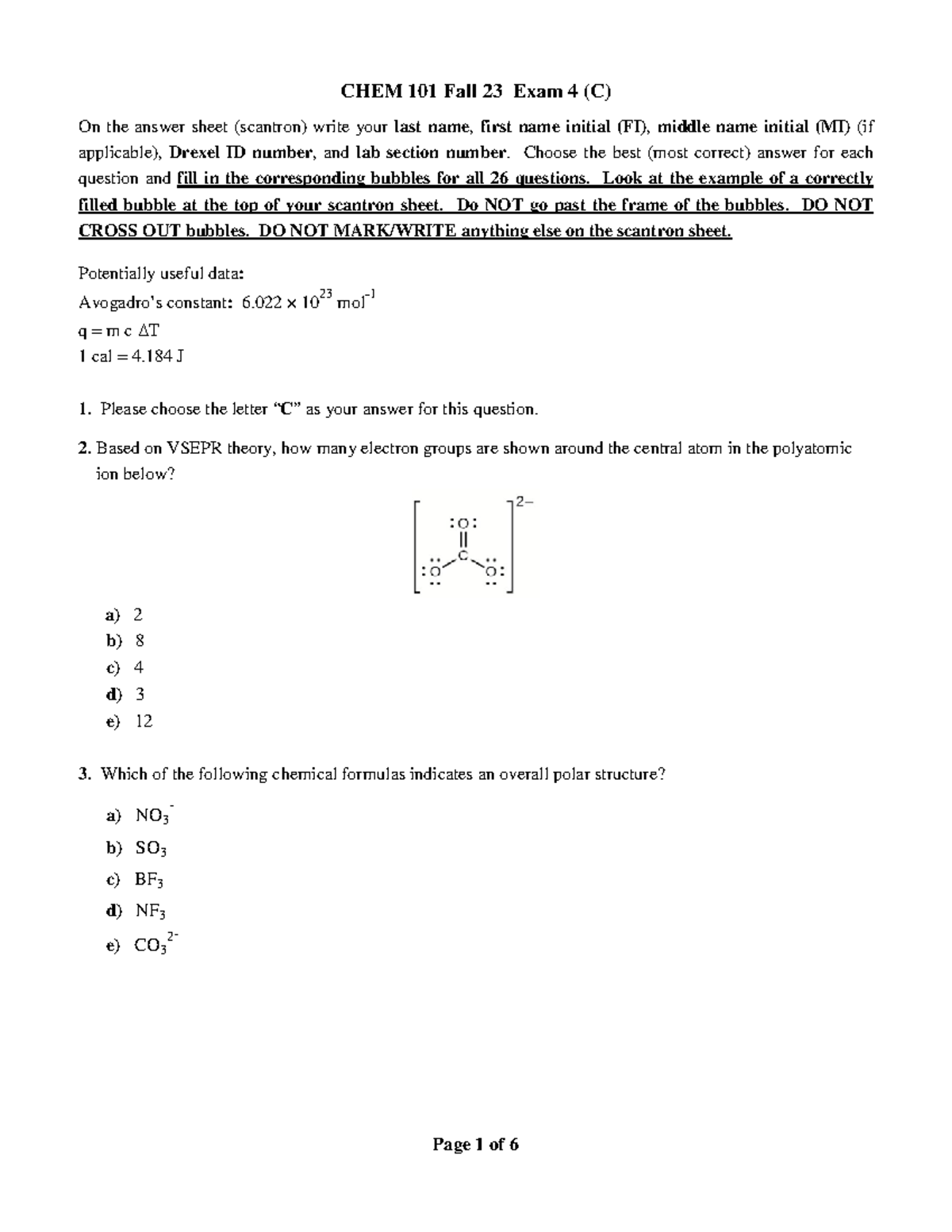 EXAM 4 - Good - CHEM 101 Fall 23 Exam 4 (C) On The Answer Sheet ...