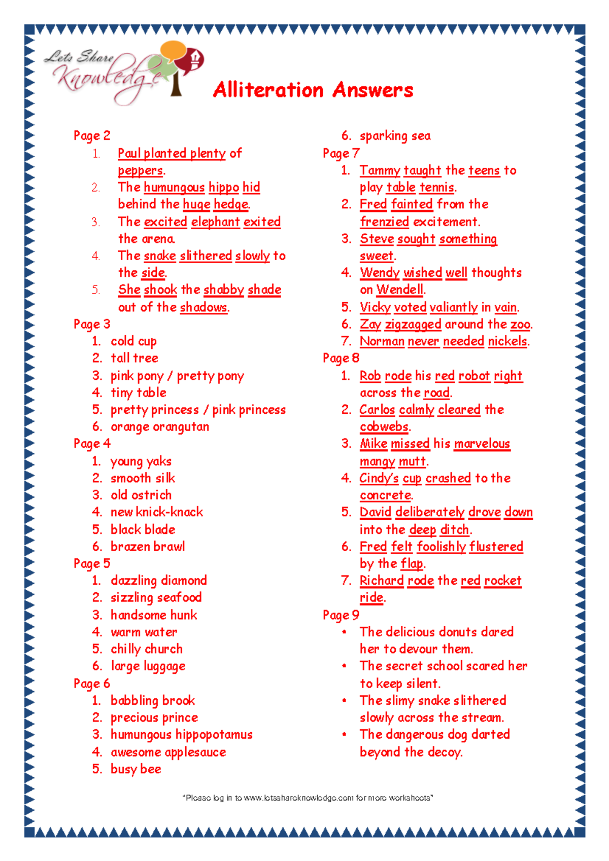 Grade 3 grammar worksheets Alliteration Answers - “Please log in to ...