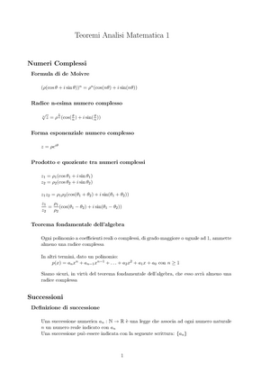 Foglio formule Analisi 1 (completo), Sintesi del corso di Analisi  Matematica I