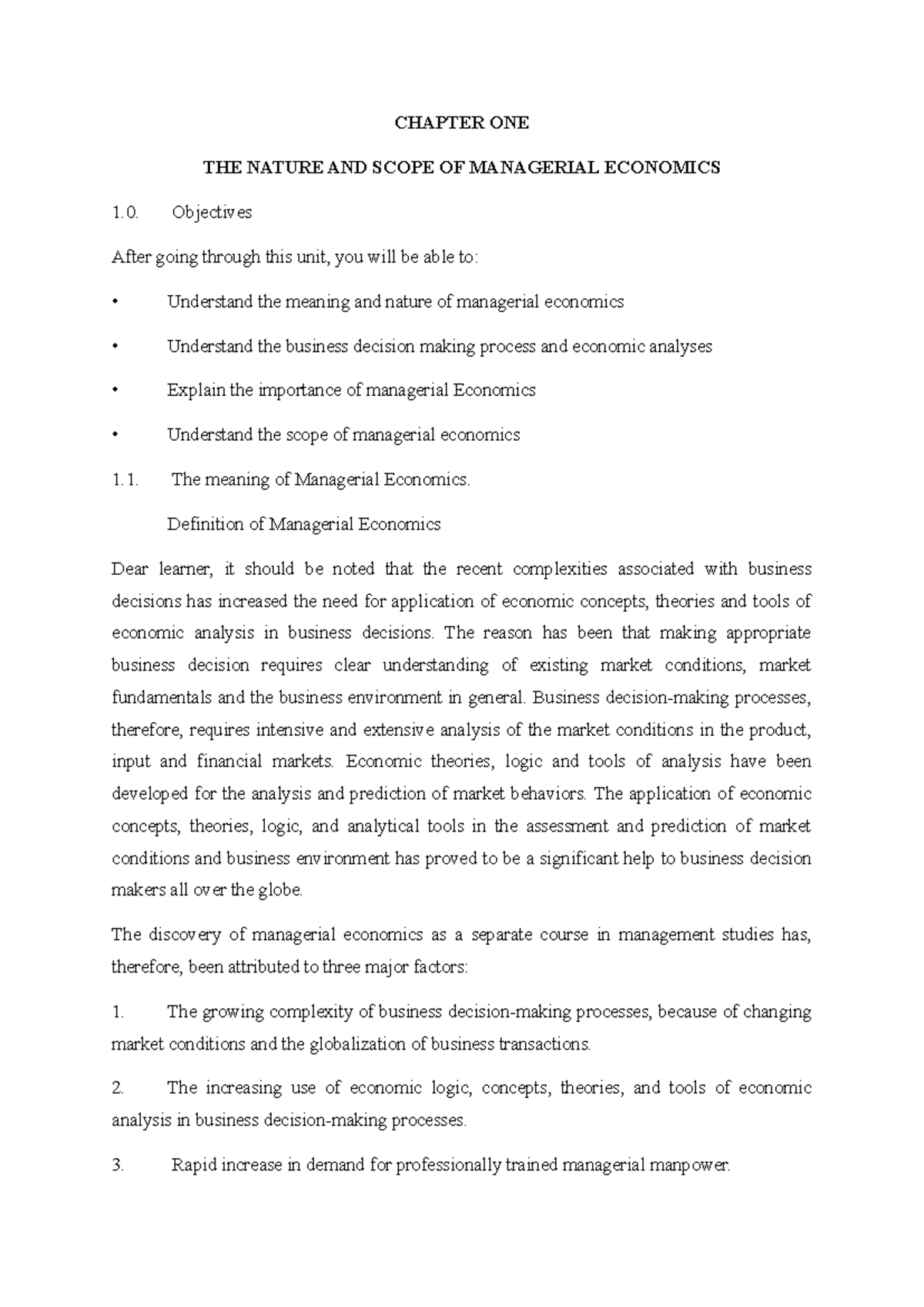 CH - 1 - ghn - CHAPTER ONE THE NATURE AND SCOPE OF MANAGERIAL ECONOMICS ...