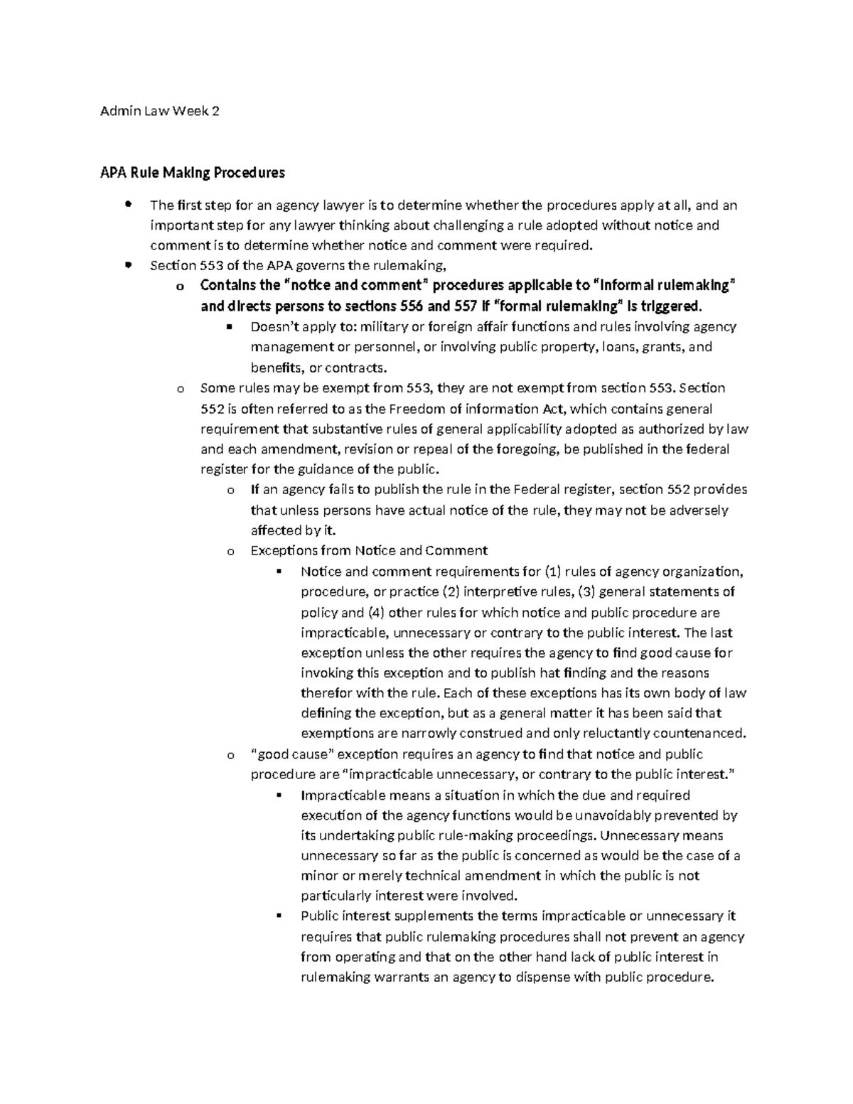 Admin Law Week 2 notes - Admin Law Week 2 APA Rule Making Procedures ...