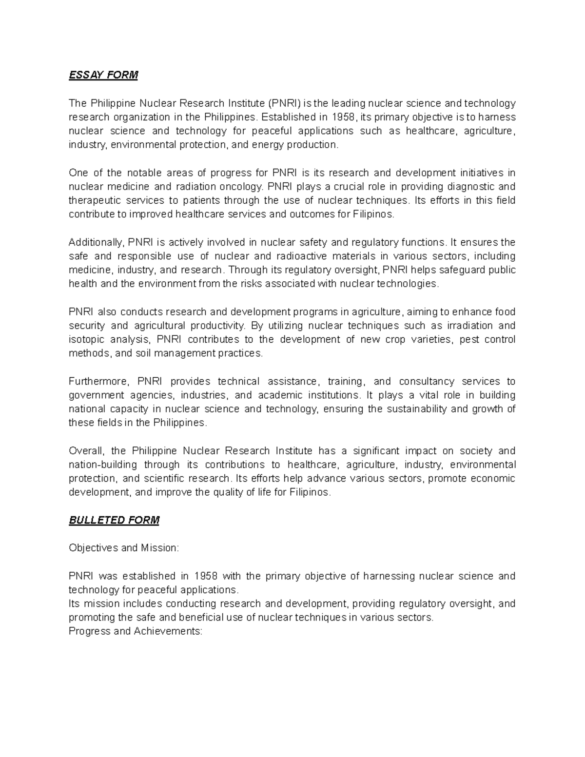 STS-PNRI - enabling assessment - ESSAY FORM The Philippine Nuclear ...