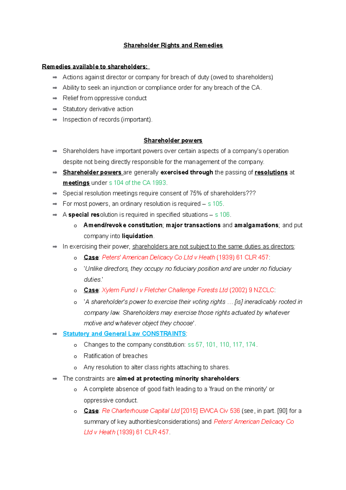 Lecture Notes Shareholder Rights and Remedies - Shareholder Rights and ...