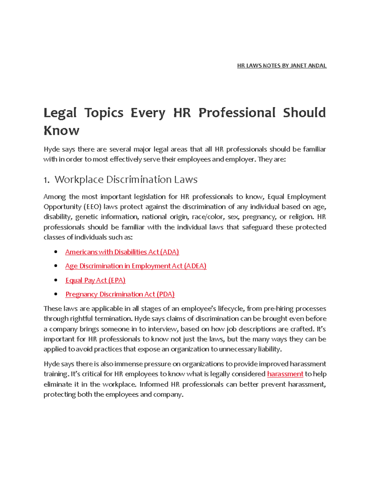 HR LAWS Notes BY Andal HR LAWS NOTES BY ANDAL Legal