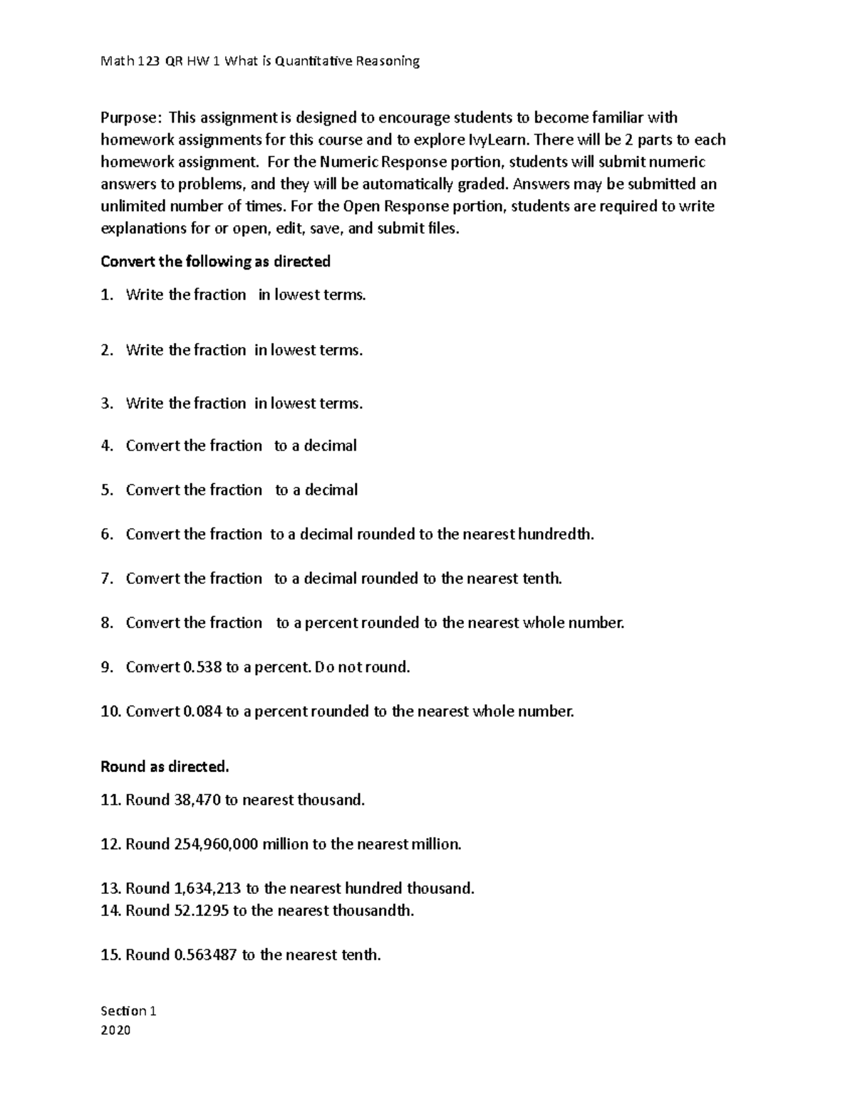 HW 1 What is QRMath Review Math 123 QR HW 1 What is Quantitative