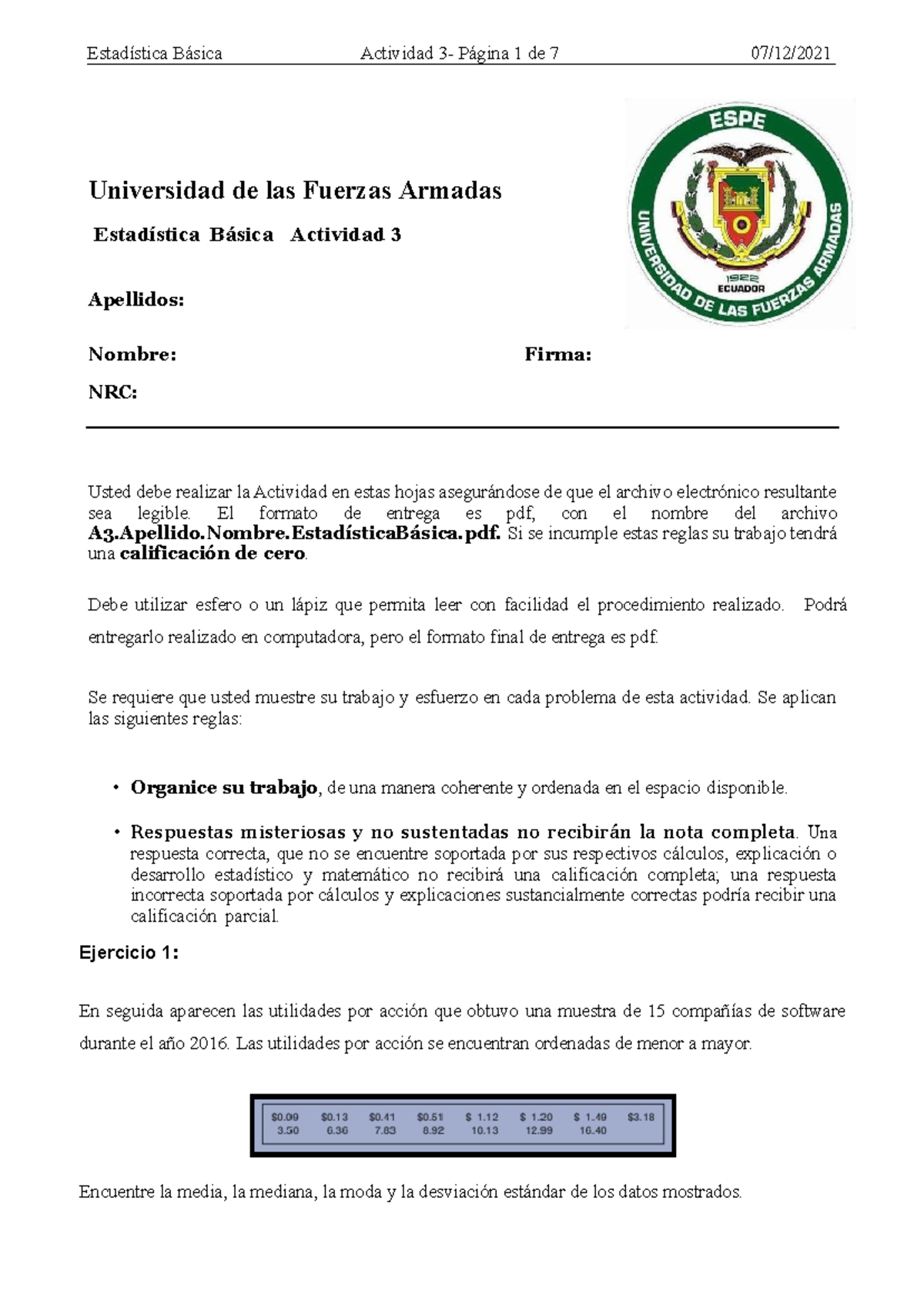 A3 Estadística básica carrera economía Universidad de las Fuerzas Armadas Estadística Básica