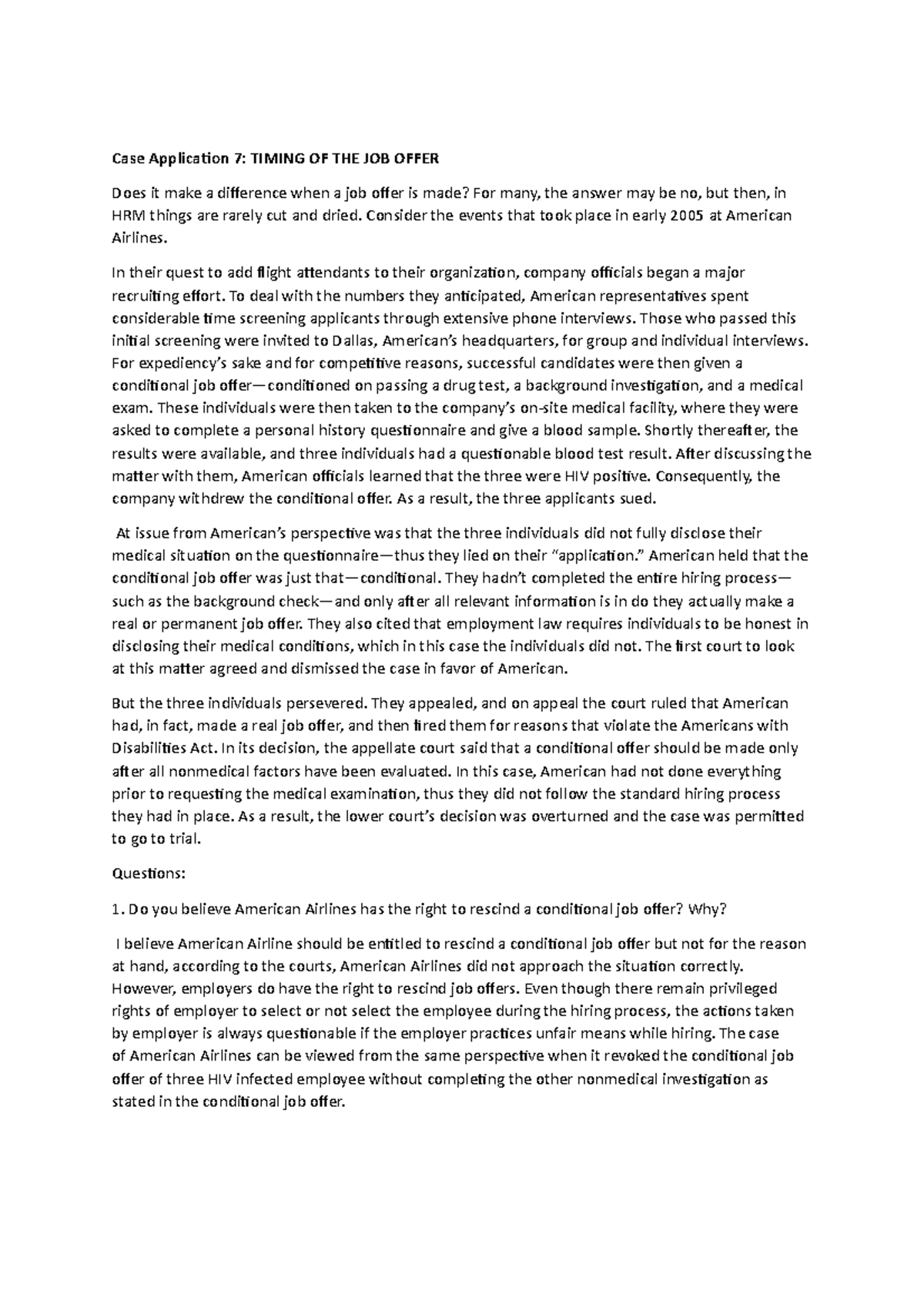 Case Application 7 - Lecture Notes - Case Application 7: TIMING OF THE ...