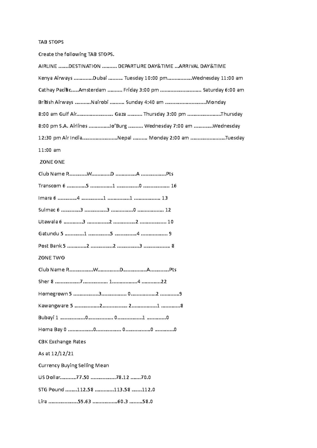 TAB Stops - Work - TAB STOPS Create the following TAB STOPS. AIRLINE ...