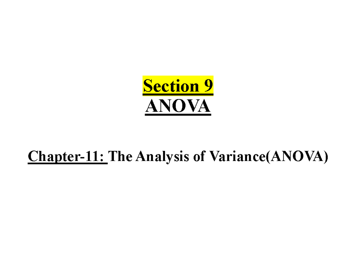 Ch11 - Ch11 Class Notes - STAT 160 - Section 9 ANOVA Chapter-11: The ...