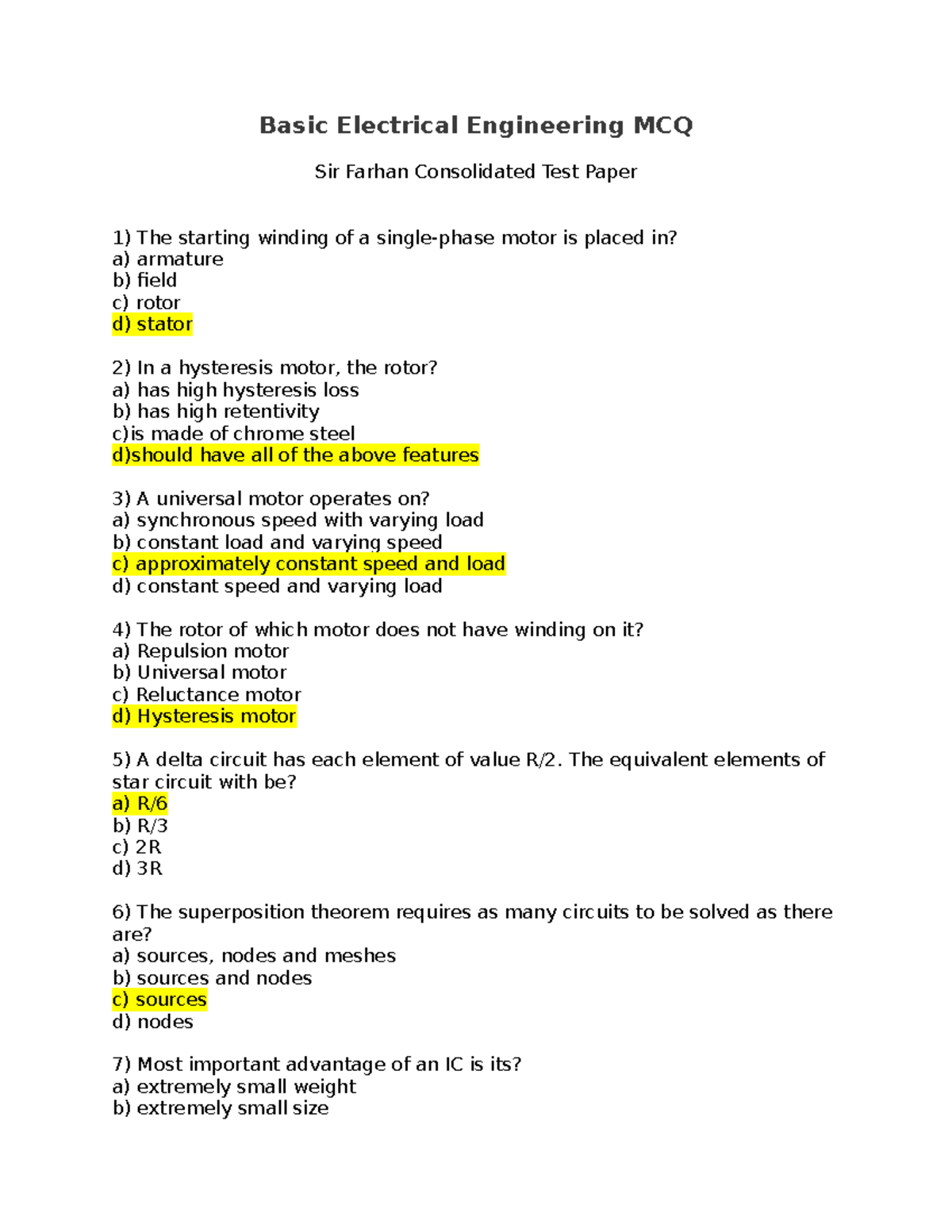 Sir Farhan Consolidated Test Paper - Basic Electrical Engineering MCQ ...