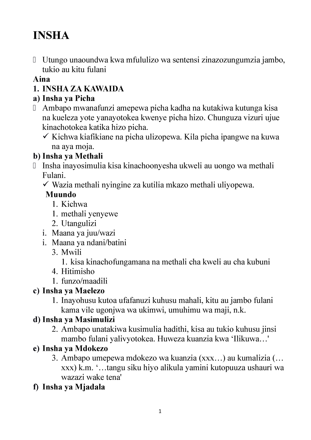 Kiswahili- Notes-FORM-1-4-1 - INSHA Utungo Unaoundwa Kwa Mfululizo Wa ...