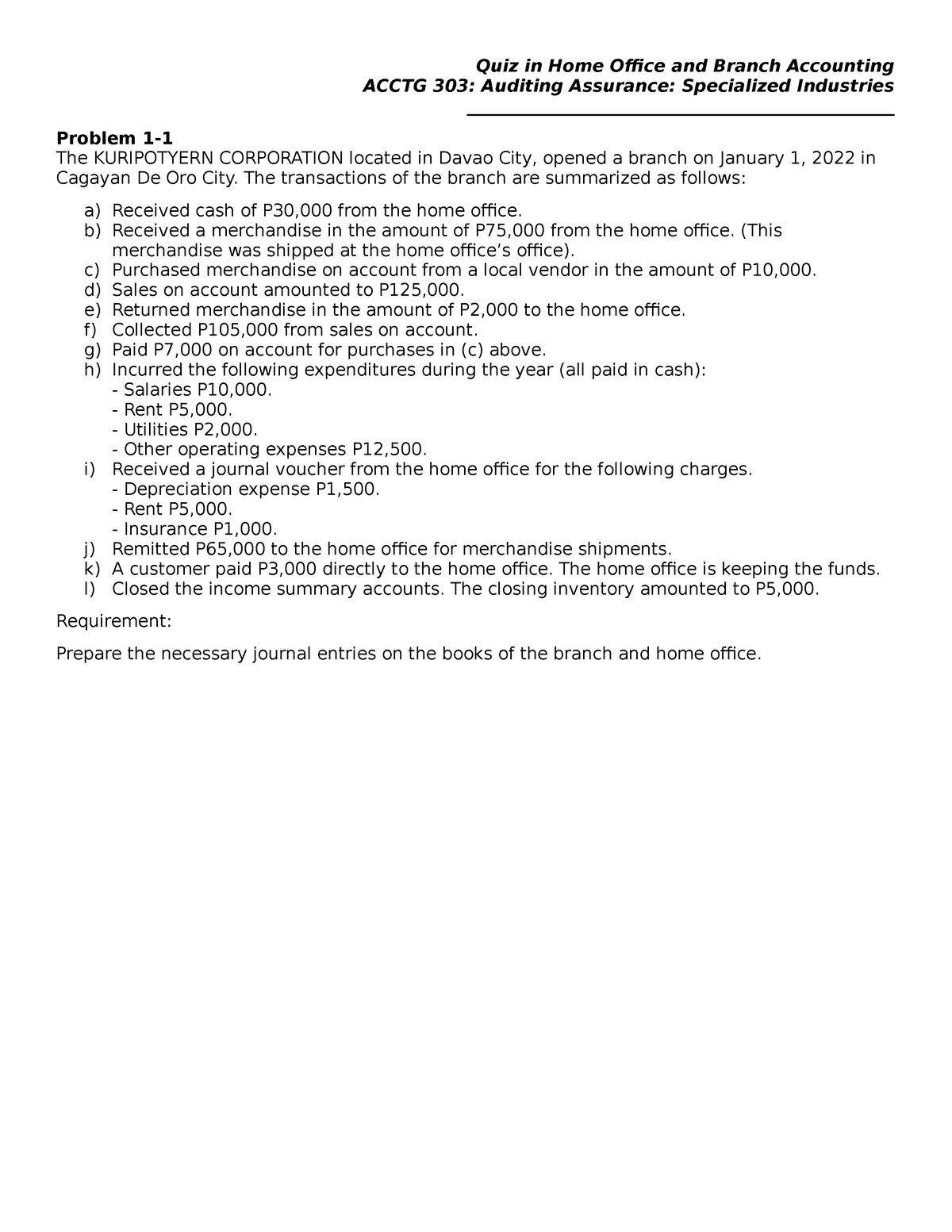 Quiz In Home Office And Branch Accounting The Transactions Of The   Thumb 1200 1553 