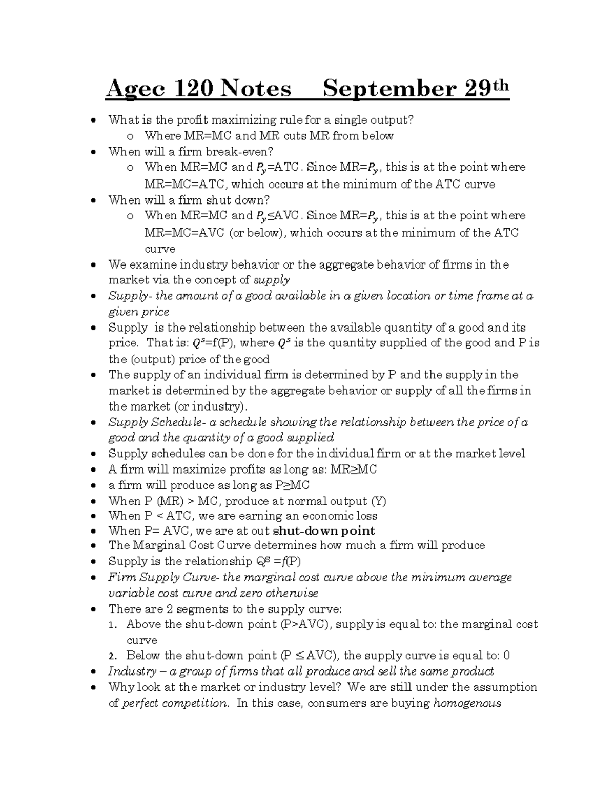 Agec 120 Notes September 29th - Since MR=𝑃𝑦, this is at the point where ...
