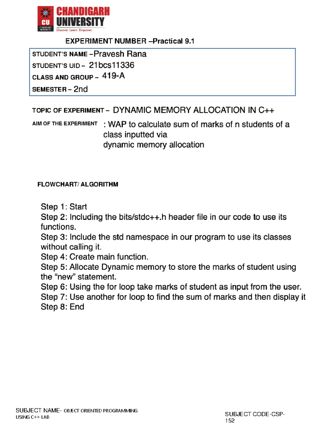 Worksheet for Practical 9 pravesh rana-21bcs11336 - SUBJECT NAME ...