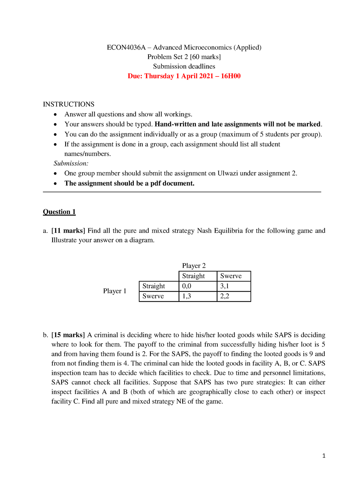 Assignment 2 1800240651 - 1 ECON4036A – Advanced Microeconomics ...