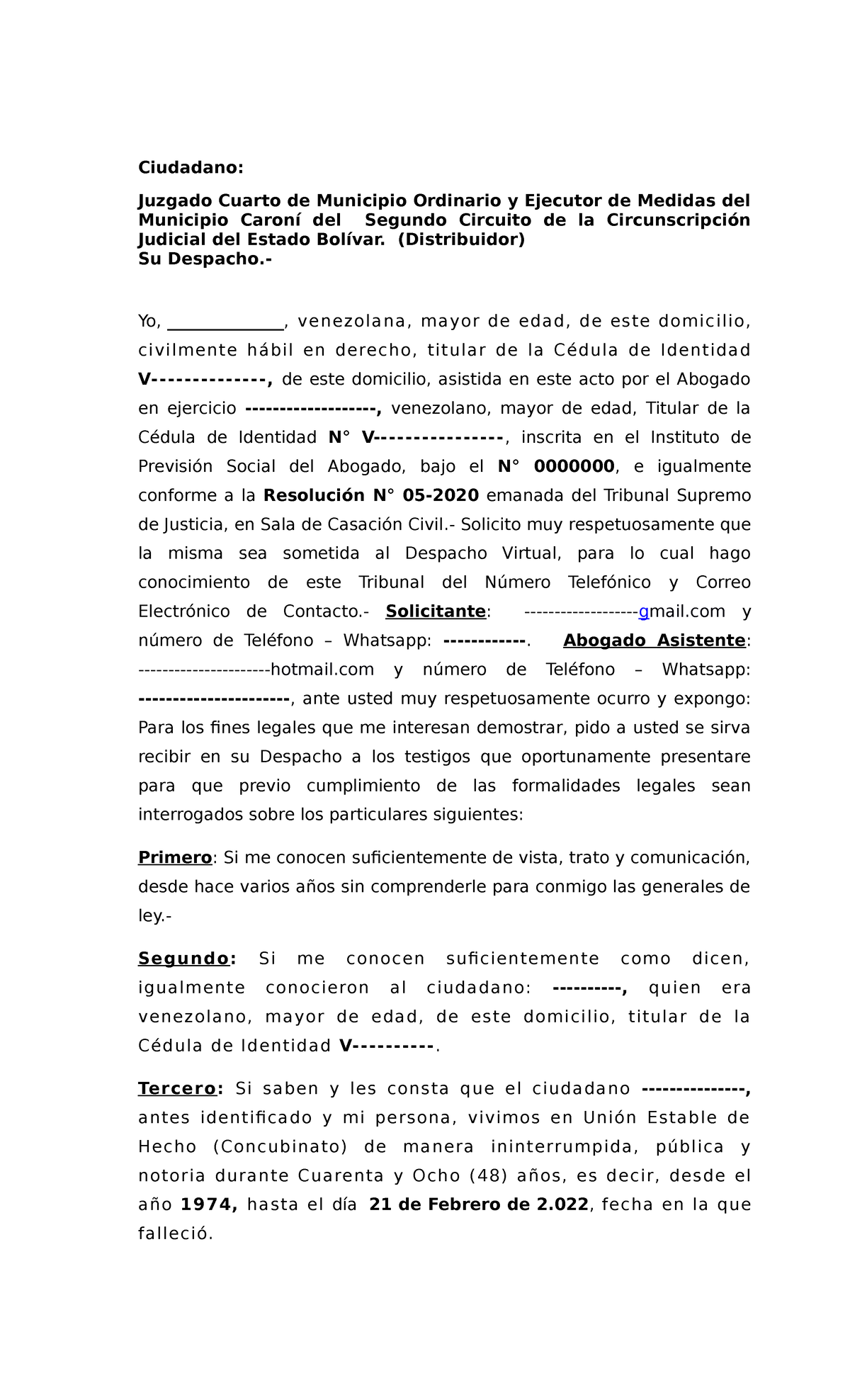 Justificativo de Testigos - Ciudadano: Juzgado Cuarto de Municipio