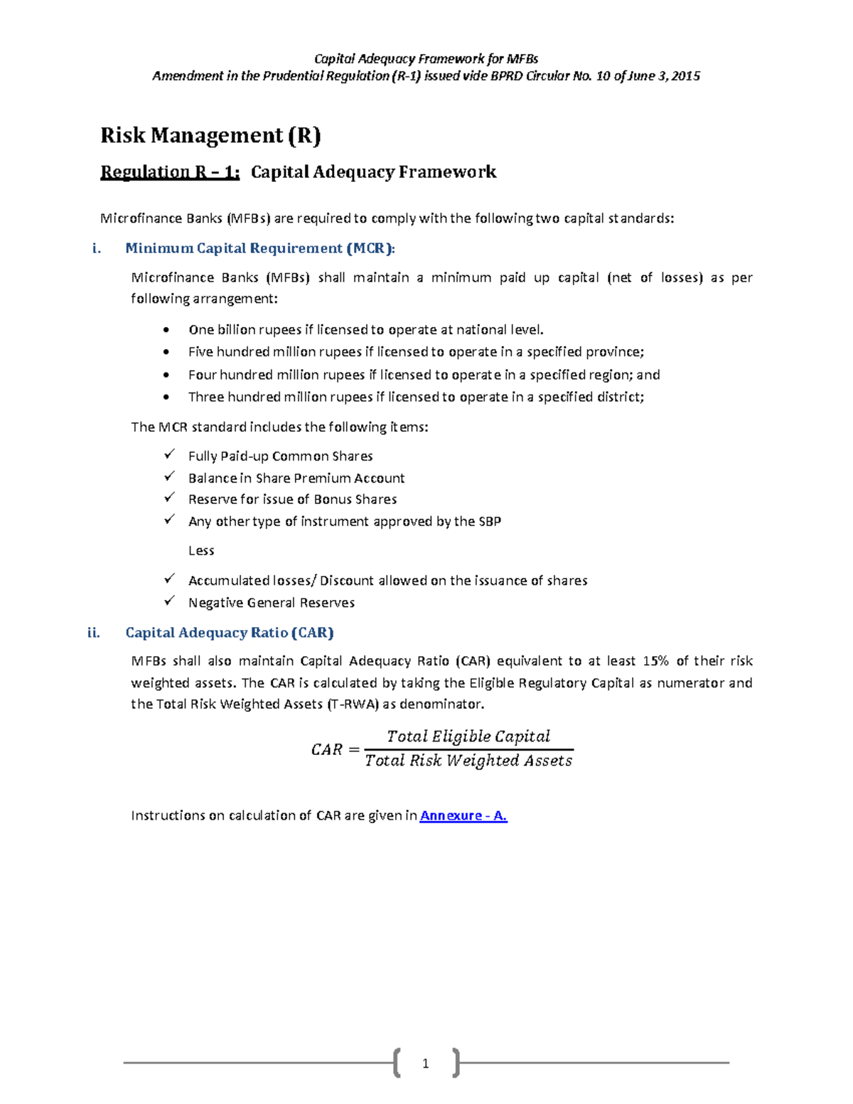 CAR Guidelines - Capital Adequacy Framework for MFBs Amendment in the ...