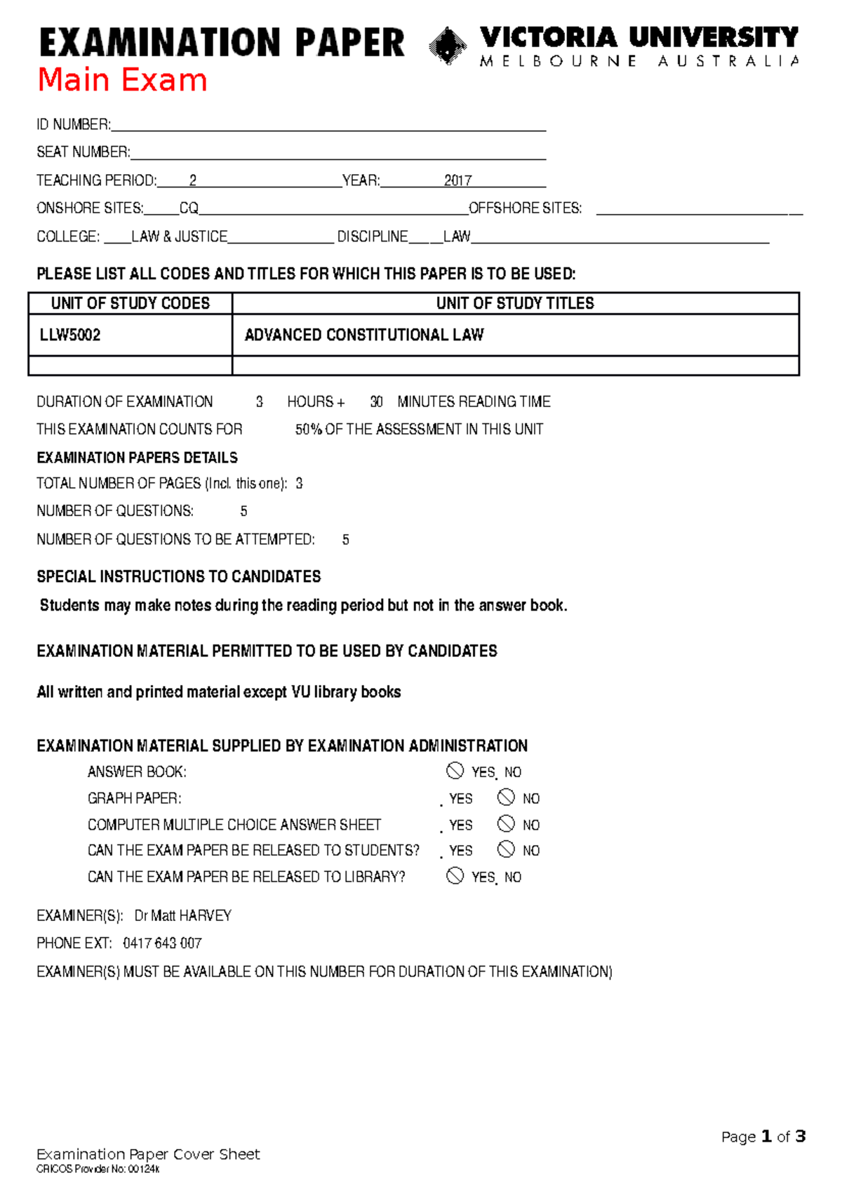 Sample/practice exam 11 August 2019, questions - Main Exam ID NUMBER ...