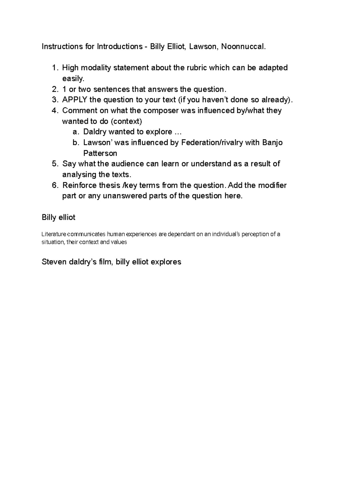 Instructions for Introductions Billy Elliot, Lawson, Noonnuccal