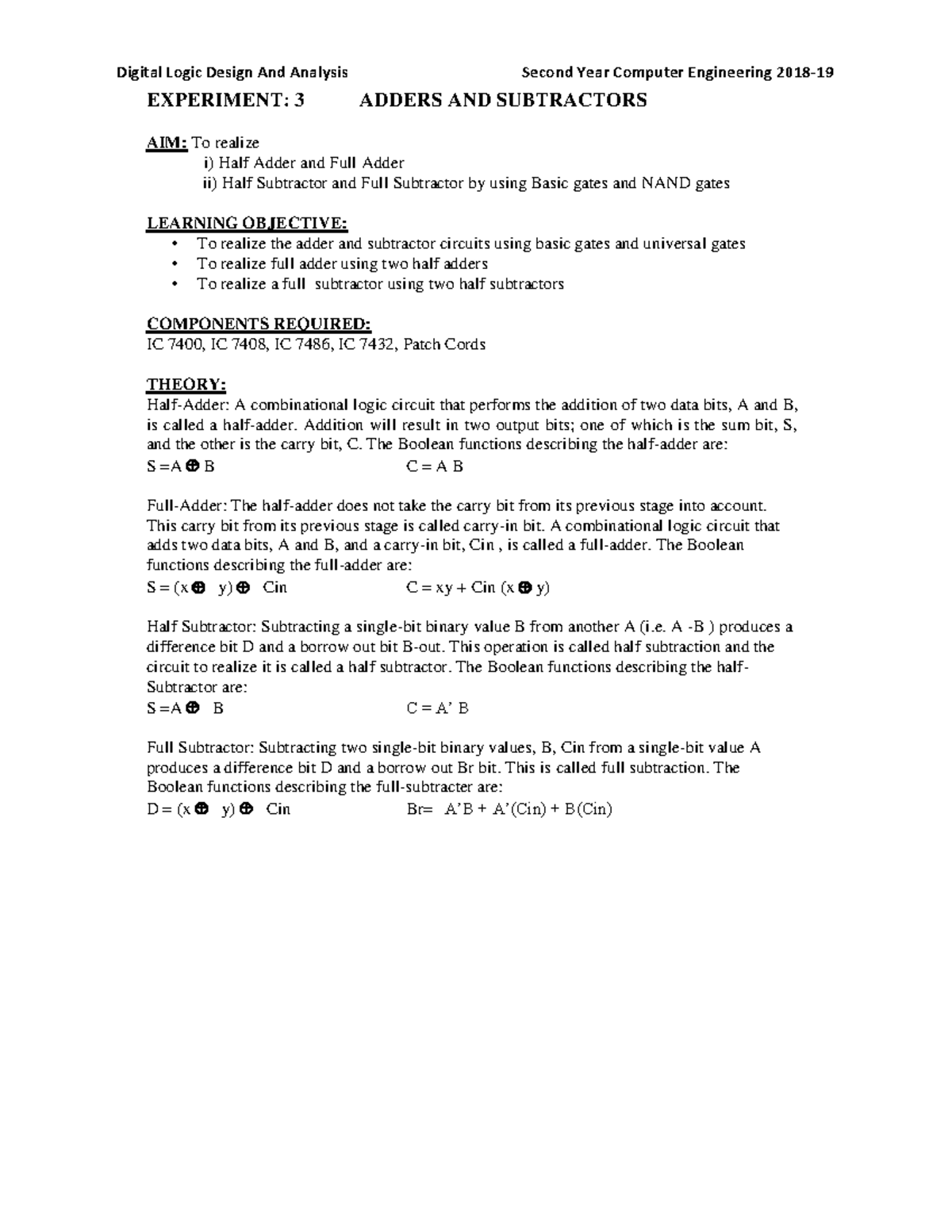 Experiment 3 DLDA 18-19 - Digital Logic Design And Analysis EXPERIMENT ...