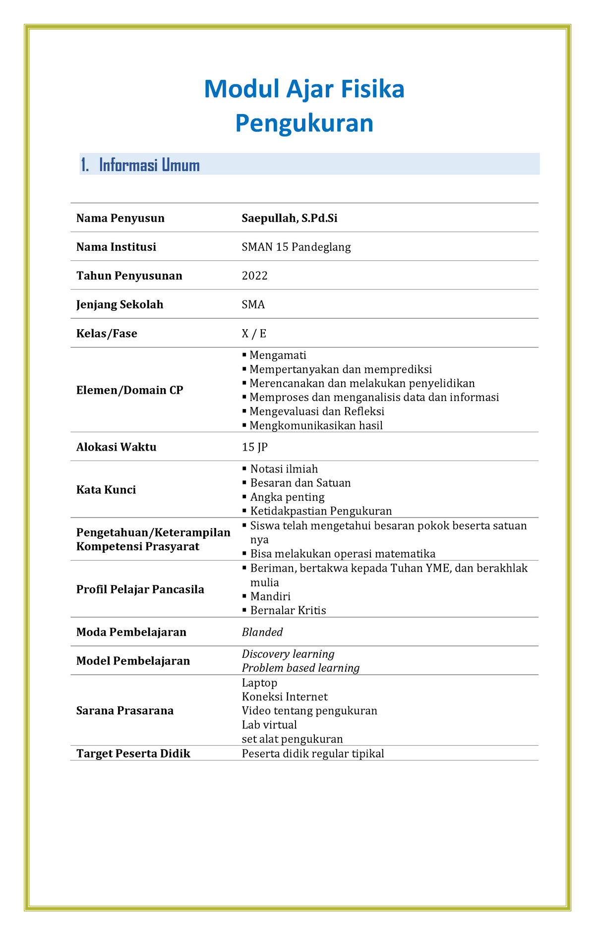 Pengukuran - Modul Ajar Fisika Pengukuran 1. Informasi Umum Nama ...