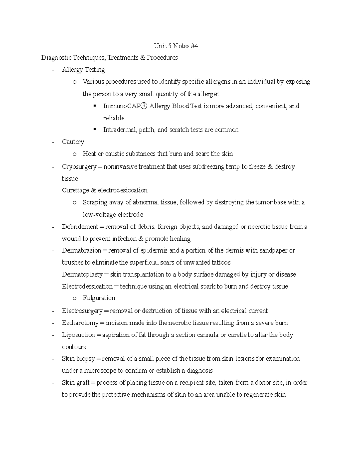 Unit 5 Notes #4 - Unit 5 Notes # Diagnostic Techniques, Treatments ...