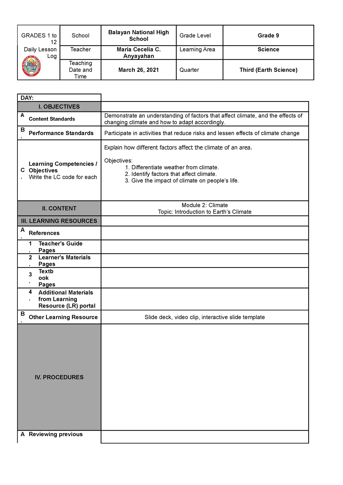 cot-1-dll-daily-lesson-log-in-science-grade-9-discusses-different