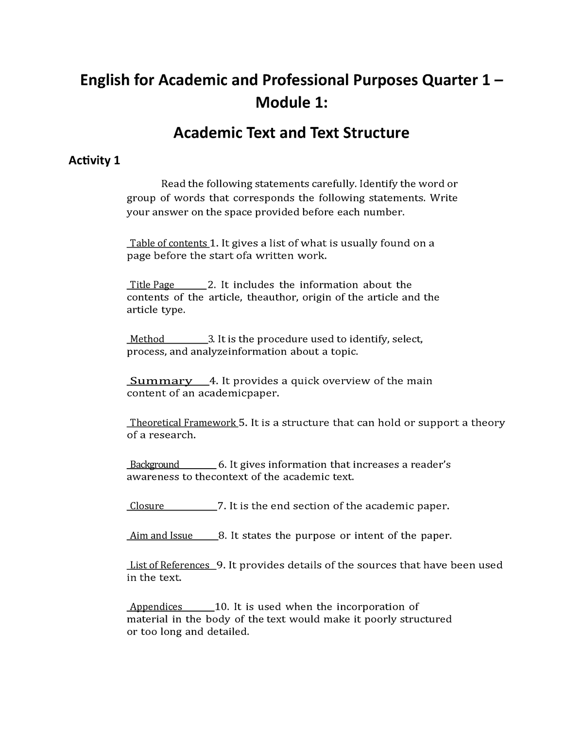 Eapp Q1 Module 1 Activity 1 English For Academic And Professional Purposes Quarter 1 7030