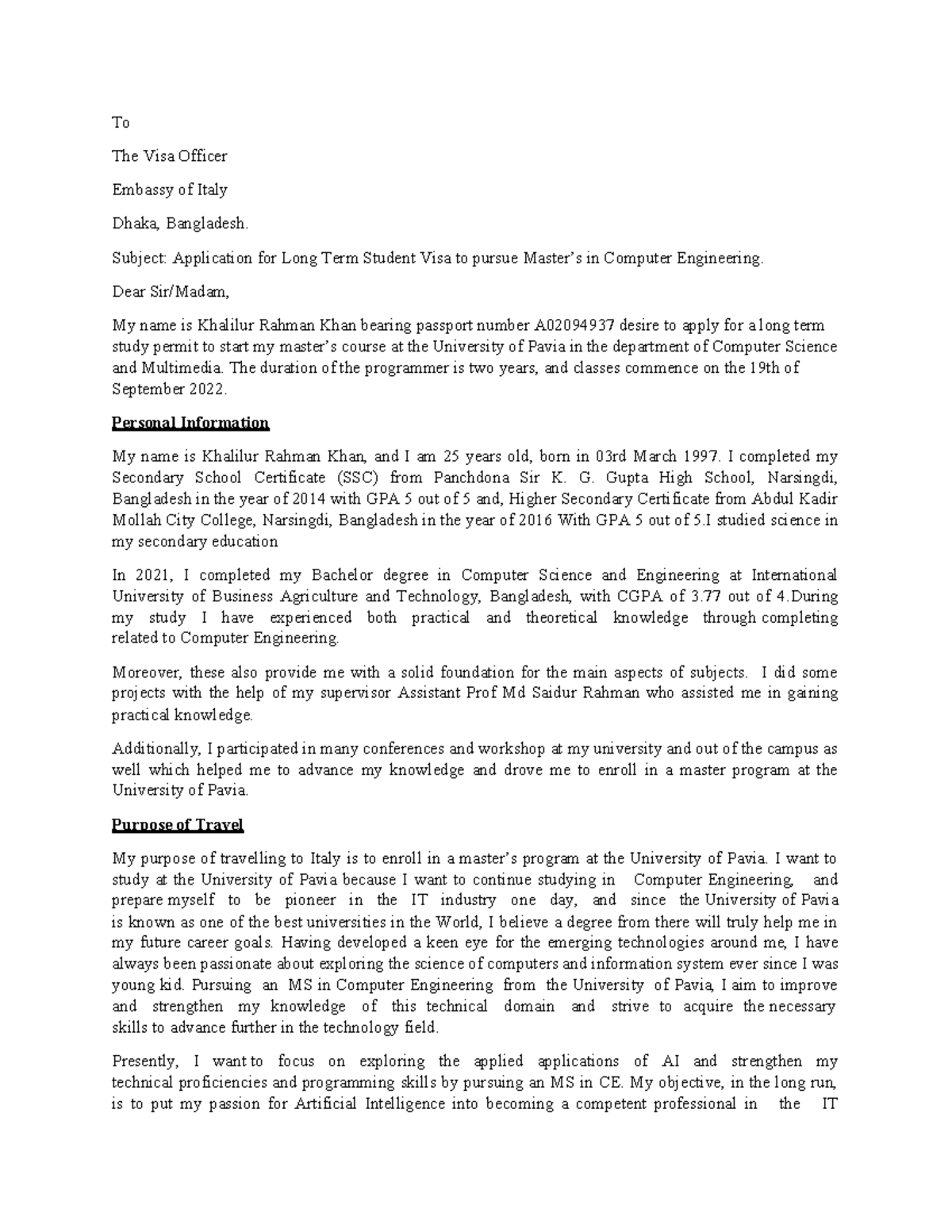 Cover letter for student visa - To The Visa Officer Embassy of Italy ...