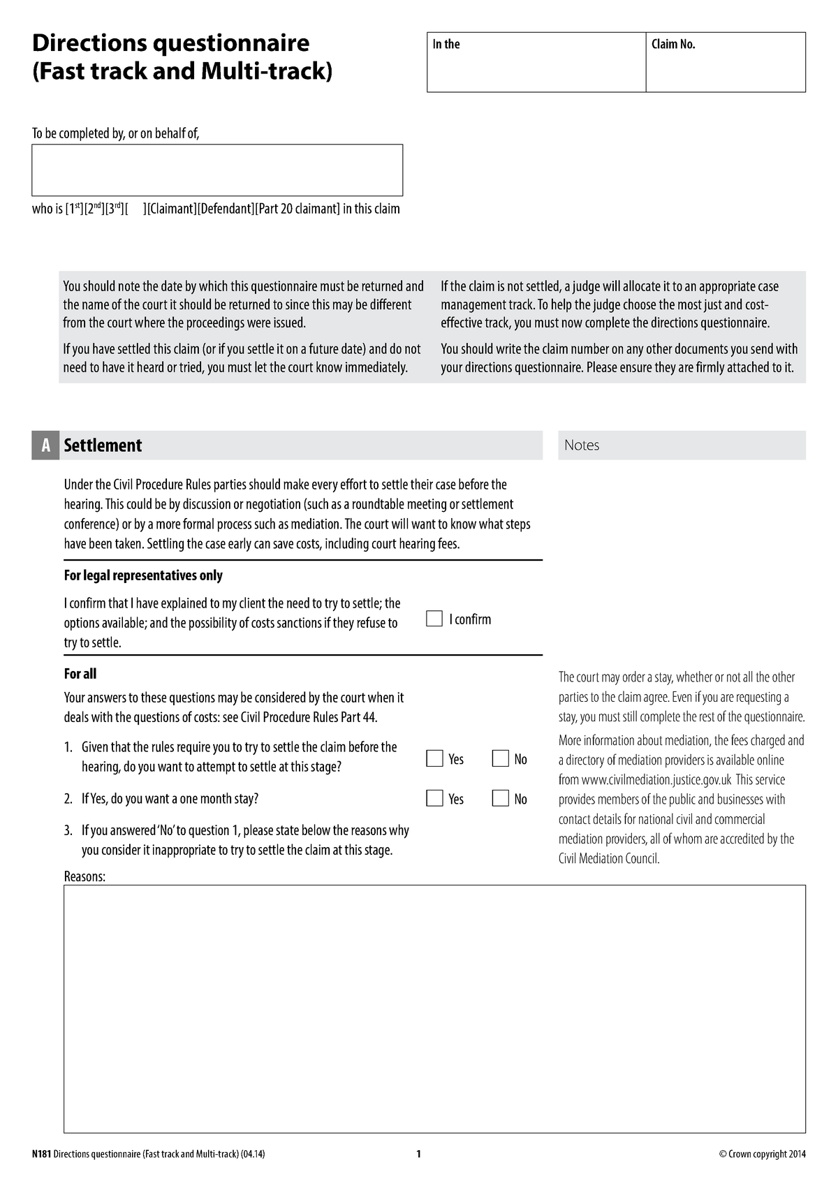 Directions Questionnaire (Form N181) - 1 Under the Civil Procedure ...