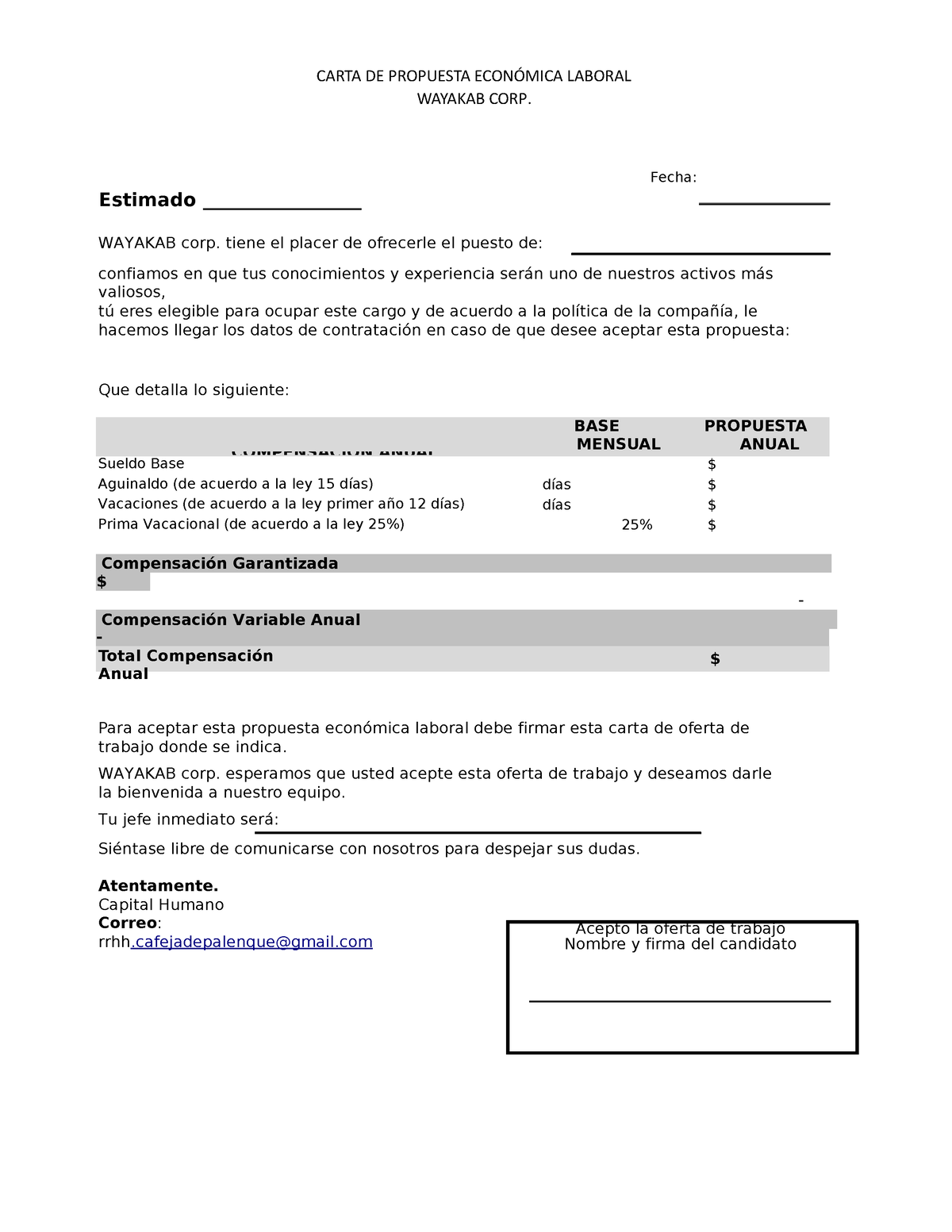 Formato De Propuesta Economica Laboral Carta De Propuesta EconÓmica Laboral Wayakab Corp 7445