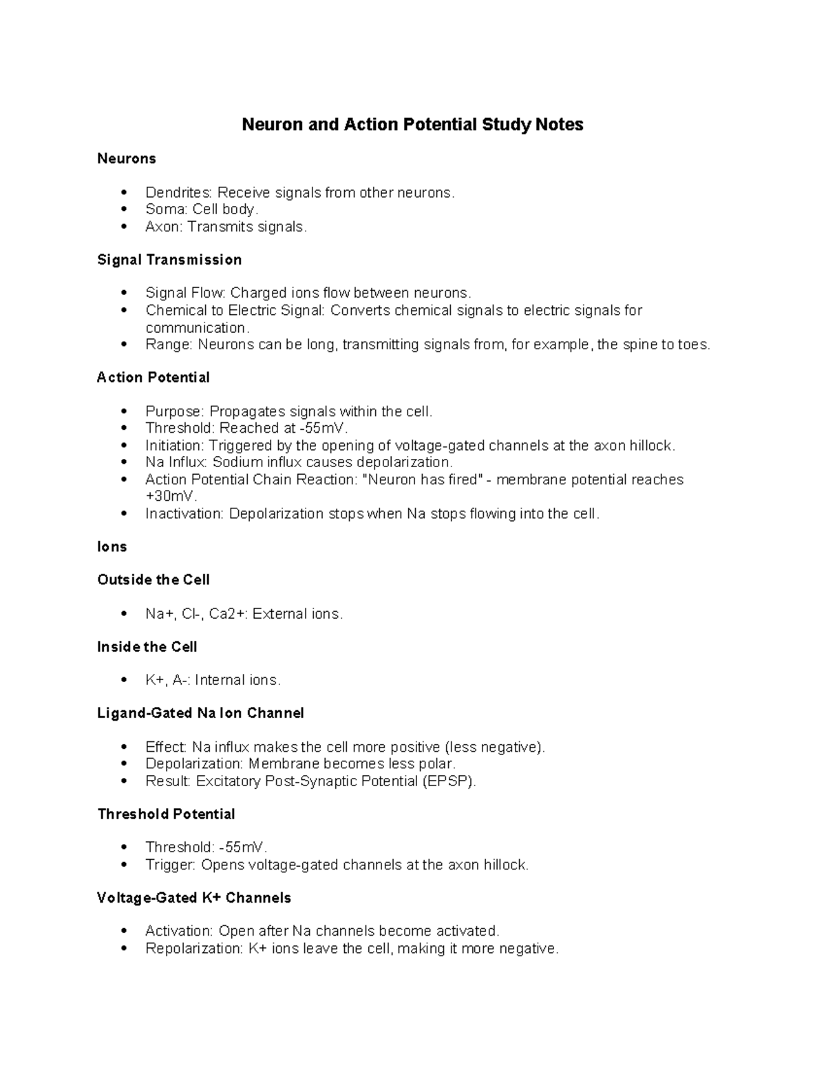 Neuron and Action Potential Study Notes - Neuron and Action Potential ...