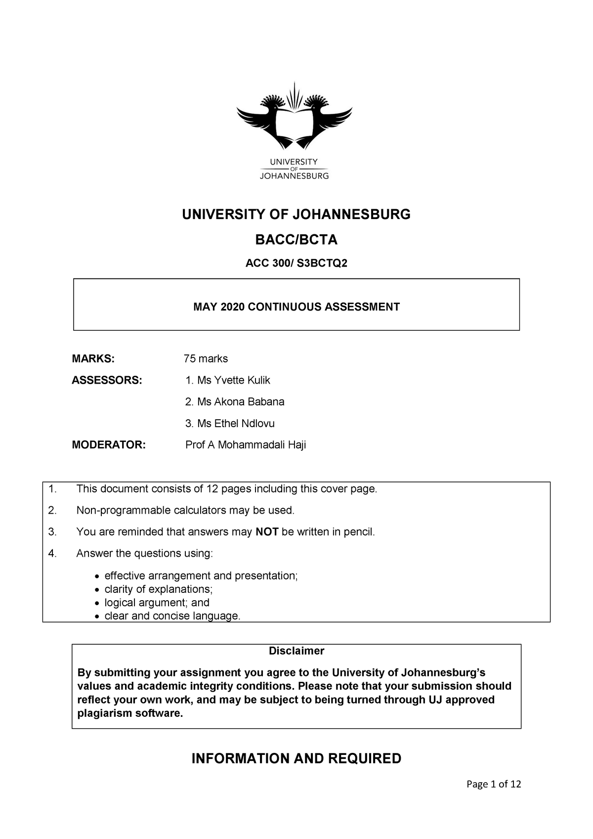 university of johannesburg assignment cover page