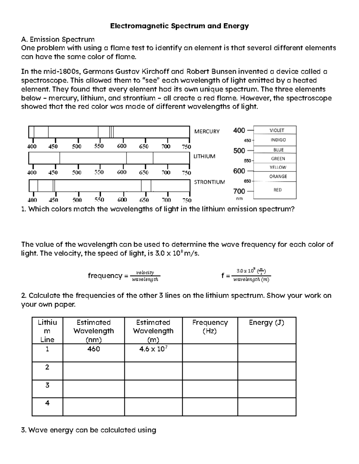 Energy Calculation Day 1 - Electromagnetic Spectrum and Energy A ...