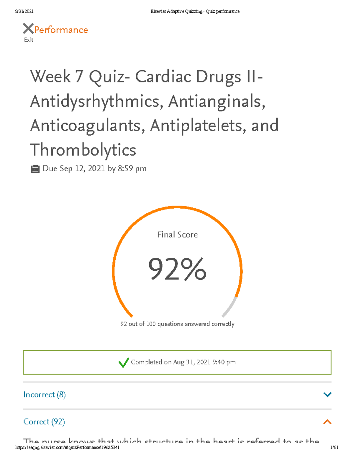 07P Hue Elsevier Adaptive Quizzing week 7 correct answer NURS 220