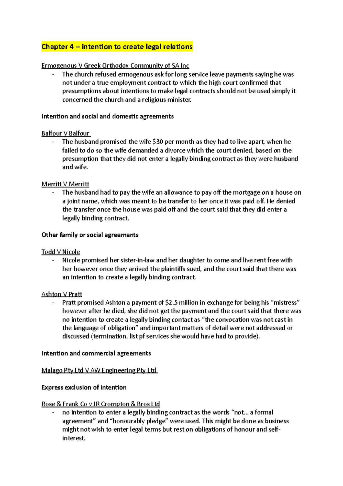 Bus law case summaries Chapter 4 intention to create legal