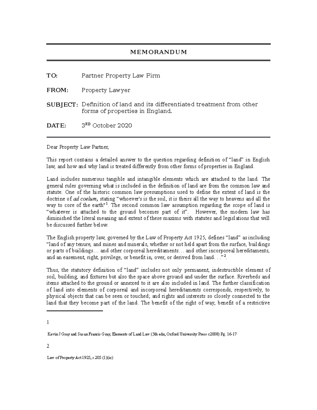 Land - What is land ? - MEMORANDUM TO: Partner Property Law Firm FROM ...