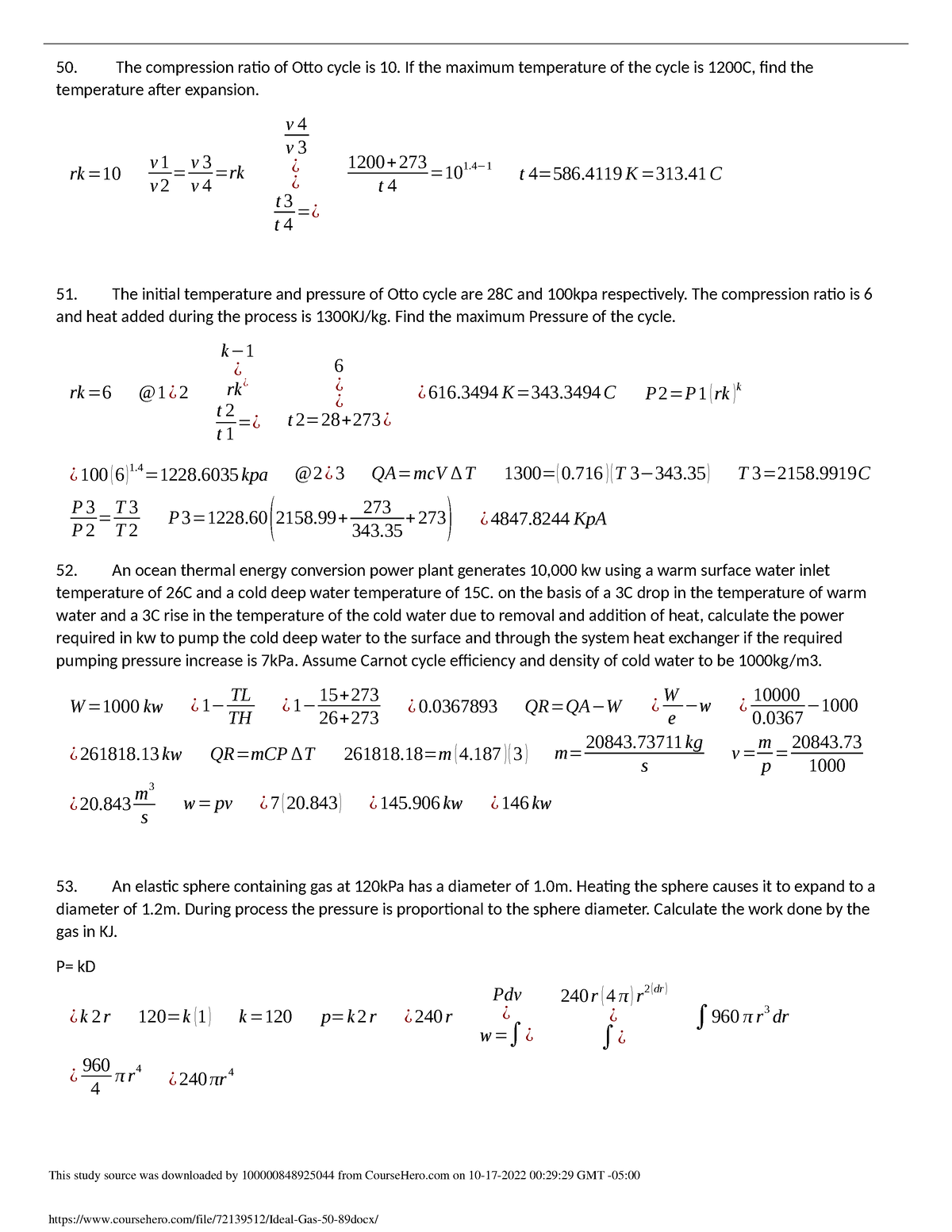 Ideal Gas 50 89 - lecture - The compression ratio of Otto cycle is 10 ...