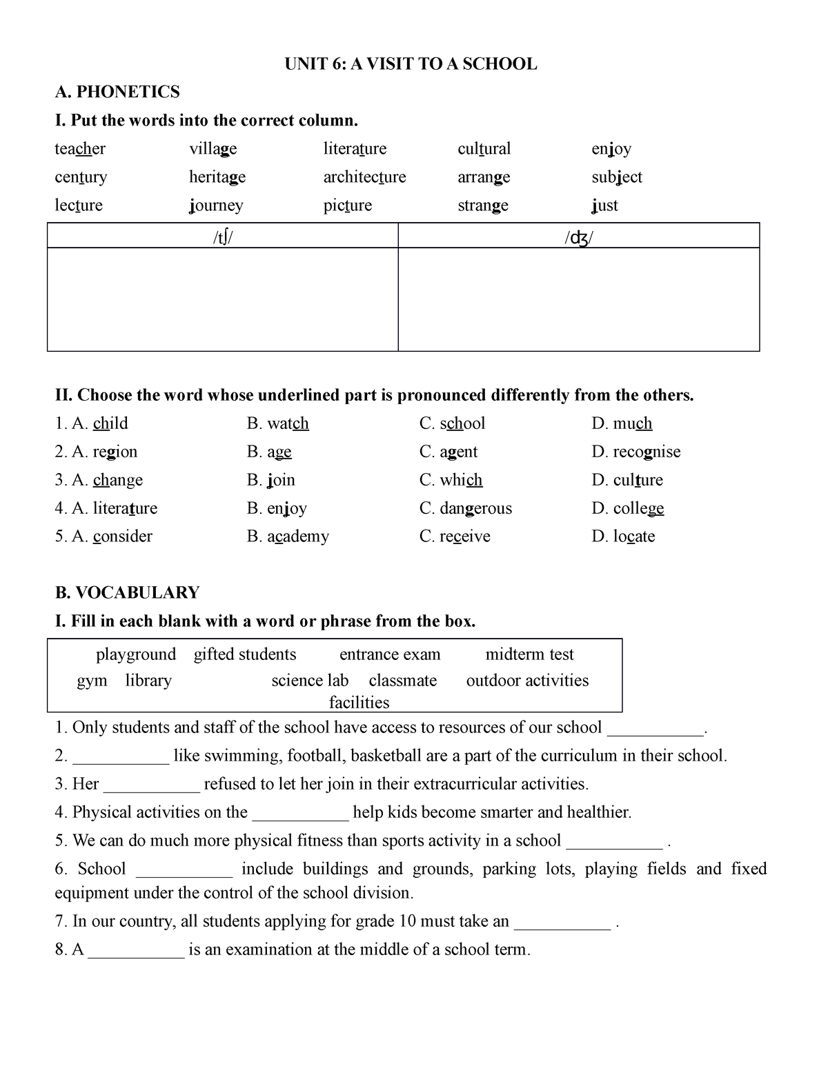 UNIT 6 A Visit TO A School - UNIT 6: A VISIT TO A SCHOOL A. PHONETICS I ...