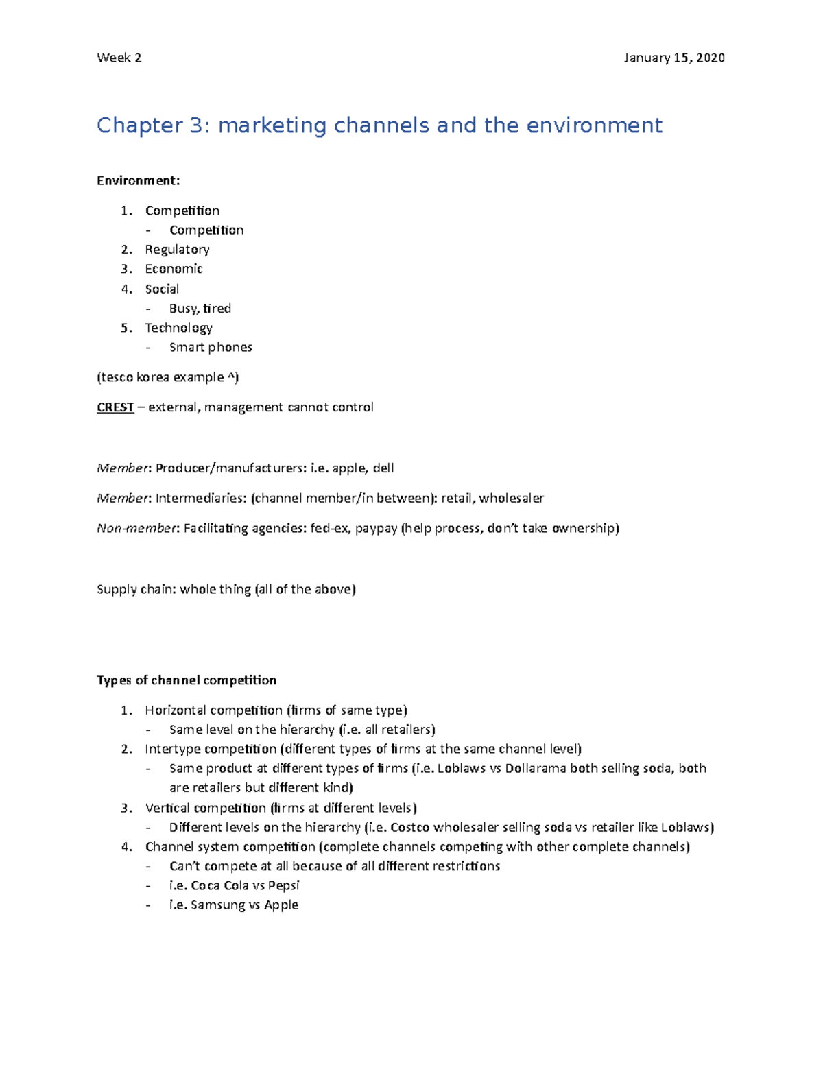 Week 2 - ch 3, 4 - Lecture notes 2 - Chapter 3: marketing channels and ...