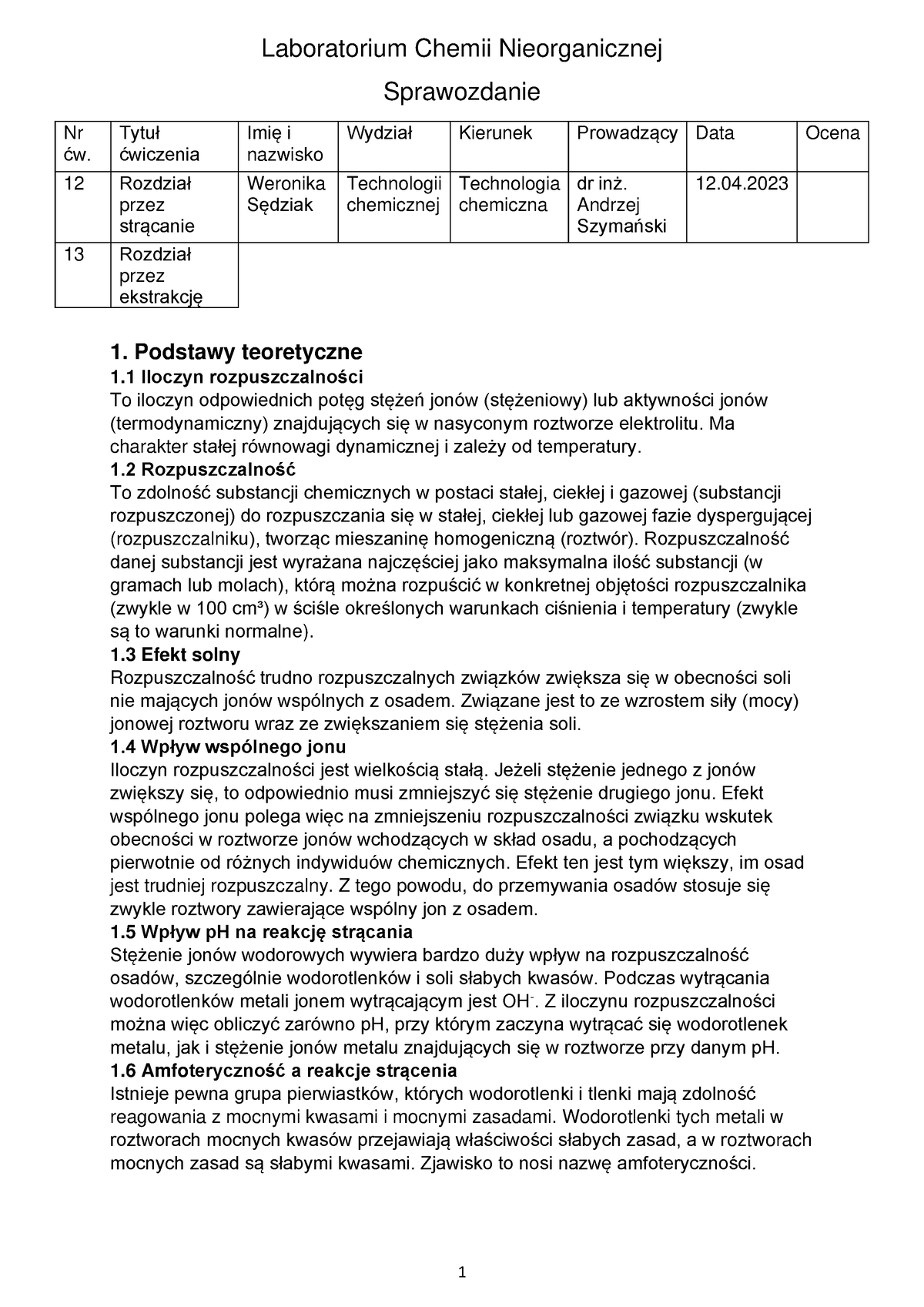 Sprawozdanie ćw 12 I 13 - Laboratorium Chemii Nieorganicznej ...