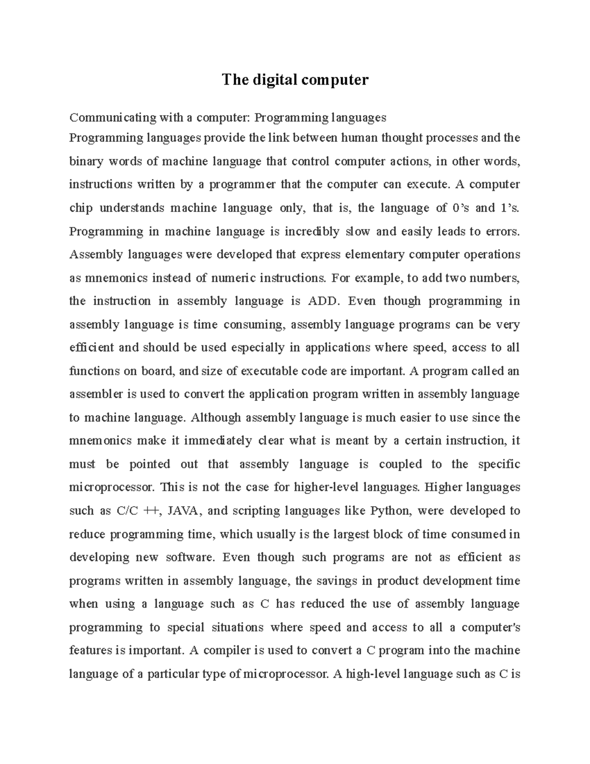 The digital computer - The digital computer Communicating with a ...