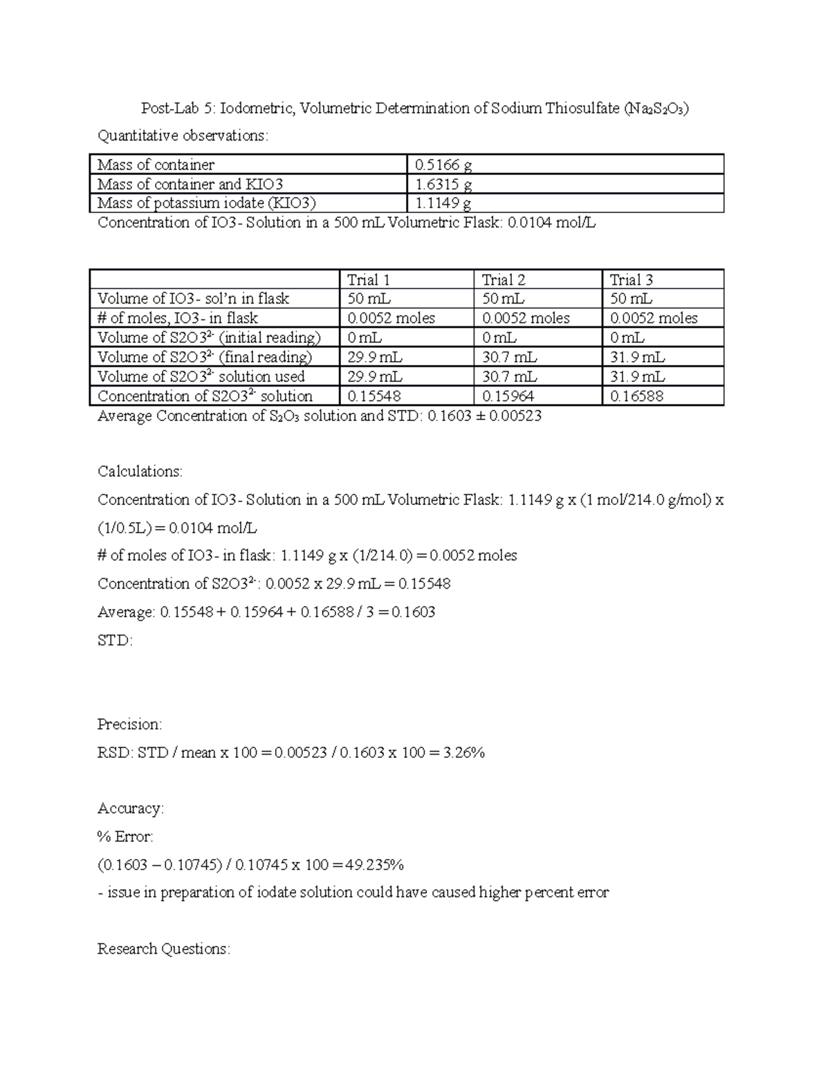 PostLab 5 CHM PostLab 5 PostLab 5 Iodometric, Volumetric