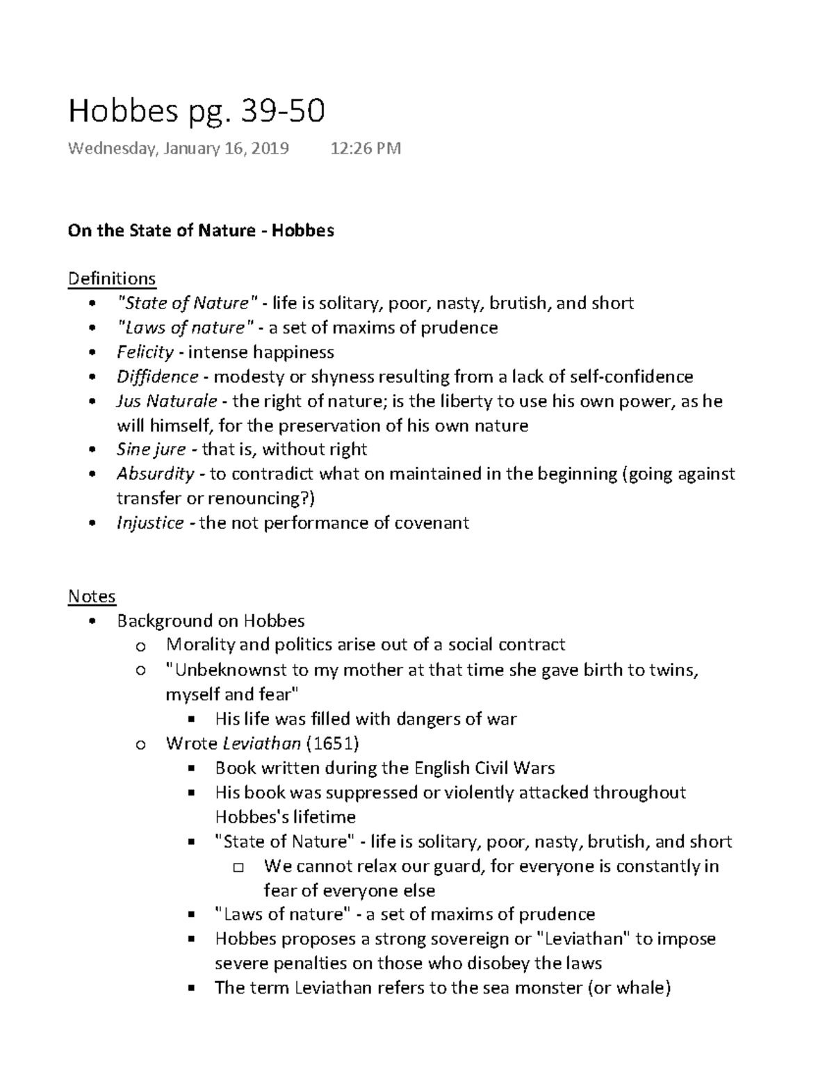 Hobbes pg. 3950 Summary The Moral Life an Introductory Reader