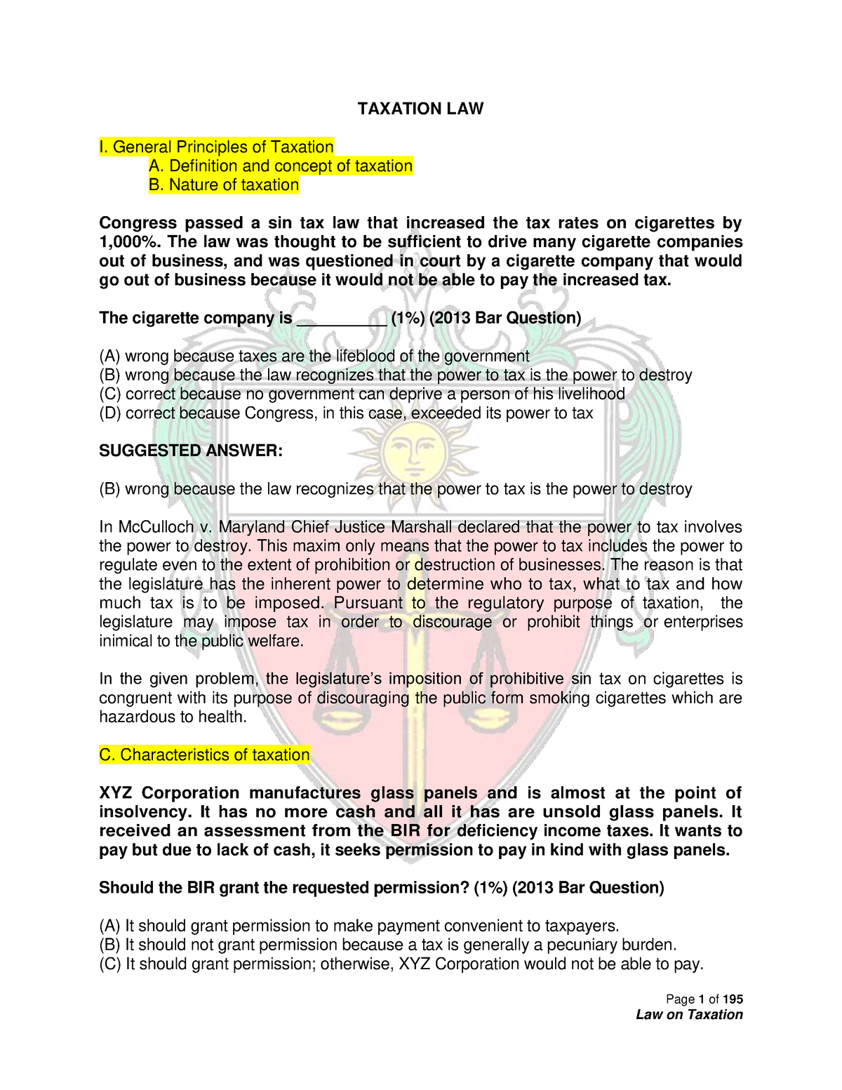 Taxation Law Bar QA 2009-2017 - Page 1 Of 195 TAXATION LAW I. General ...