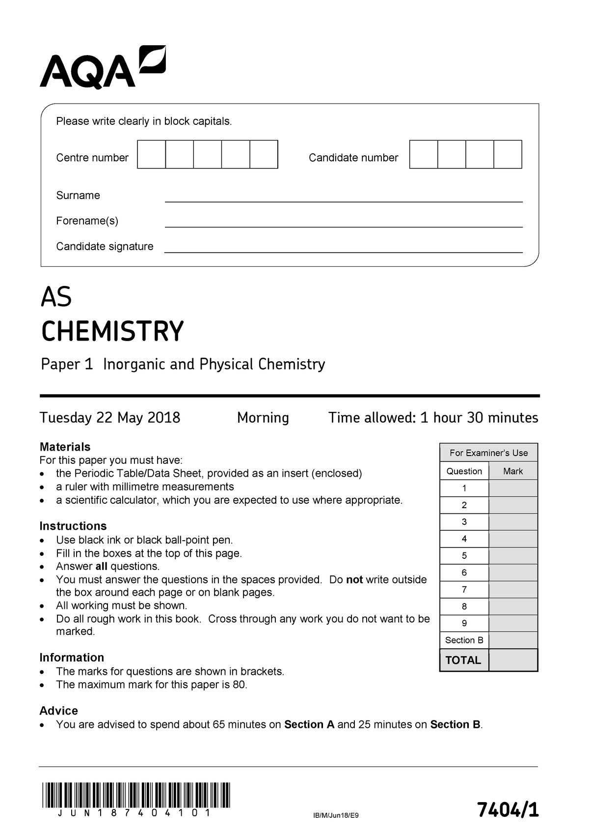 June 2018 QP - Paper 1 AQA Chemistry AS-level - Jun187404101 IB/M/Jun18 ...