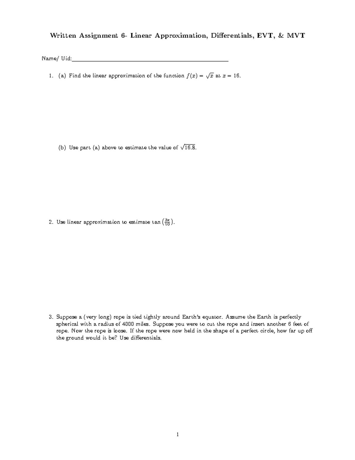 Written 6 - Practice 6 - Written Assignment 6- Linear Approximation ...