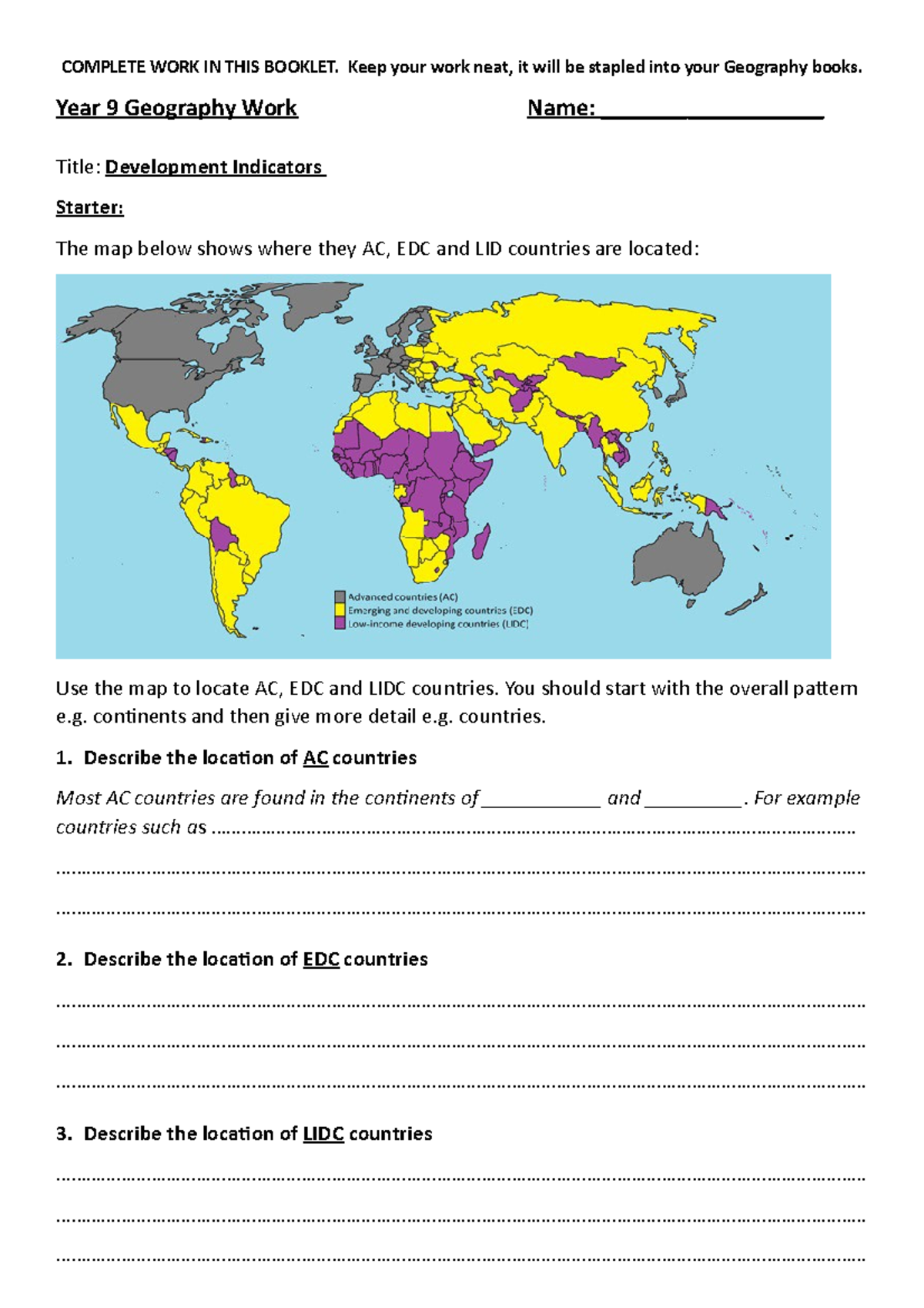 Year 9 Geo Part A) Development Indicators COMPLETE WORK IN THIS