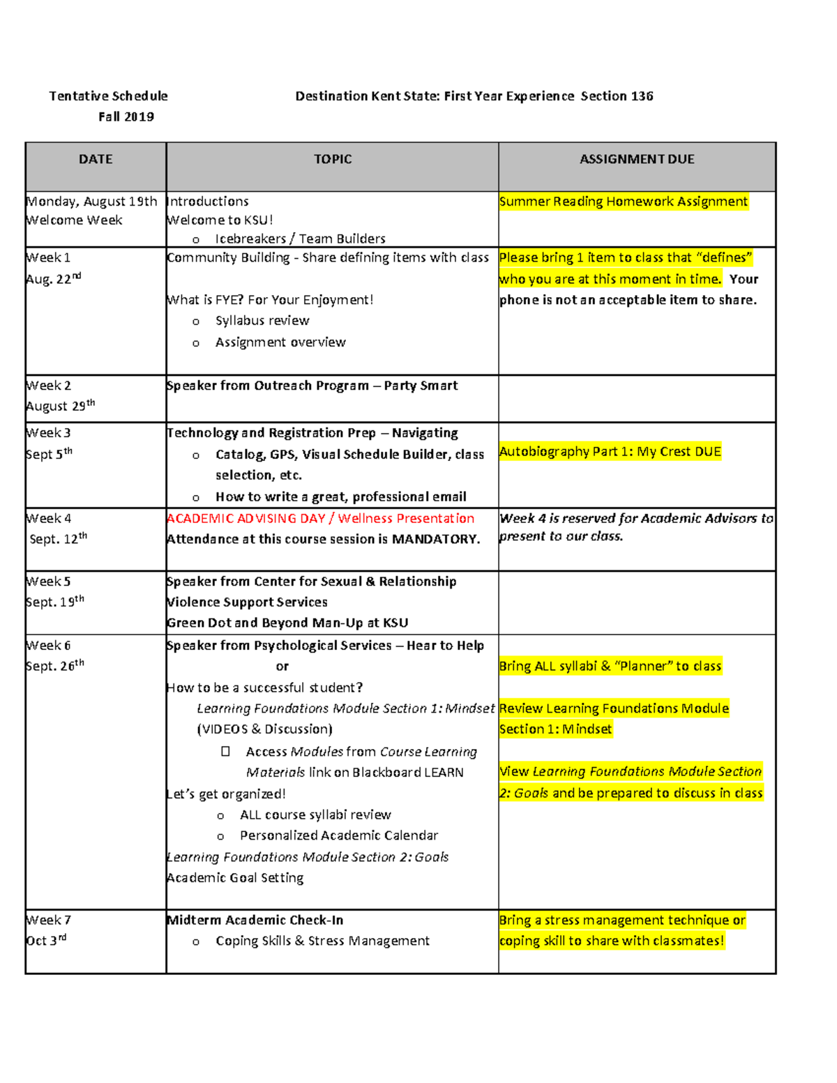 Fall 2019 Schedule FYE Section 136 Tentative Schedule Destination