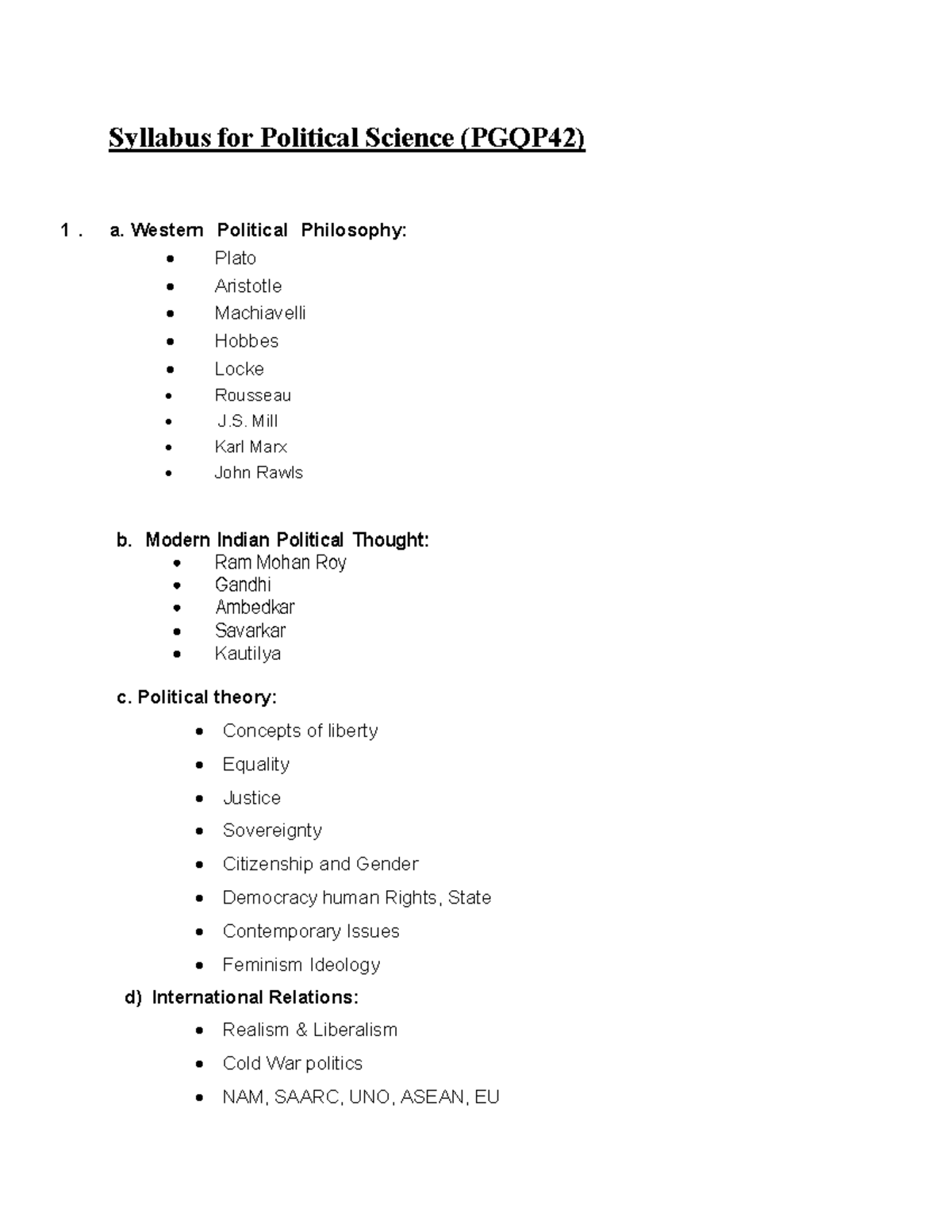 Pgqp42 - Cuet Syllabus - Syllabus For Political Science (PGQP42) 1. A ...